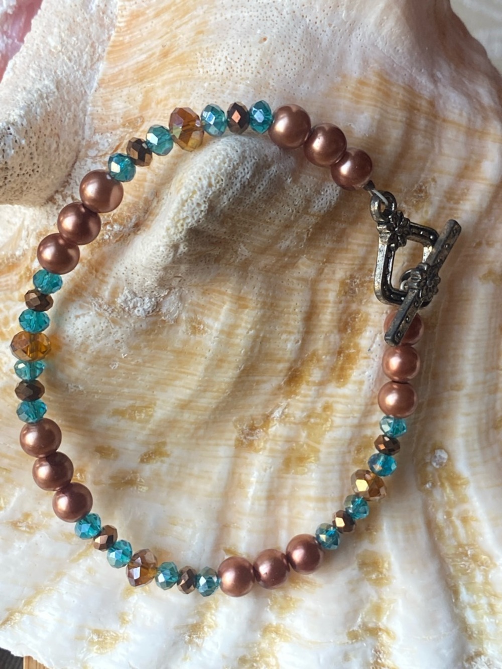 Handmade Tan Brown Pearl Bracelet Ocean Teal Blue Crystal Floral Toggle Clasp